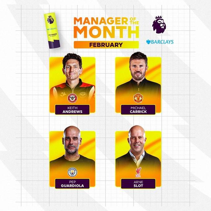 开云-英超2月最佳主帅候选：卡里克、瓜迪奥拉、斯洛特、安德鲁斯